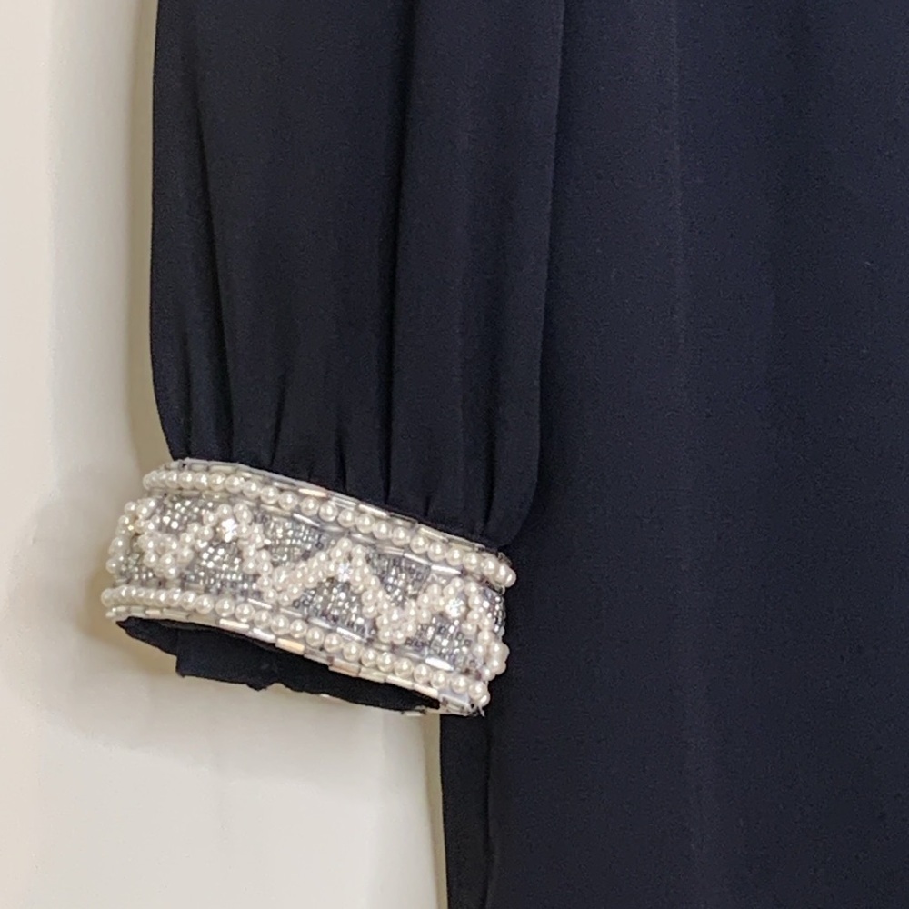 Vintage Pearl Beaded Rhinestone Jeweled Neckline Embellished Lined Shift Dress M - Picture 5 of 17